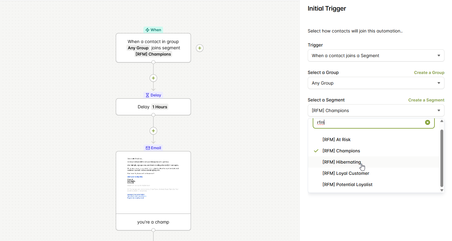 RFM Automations Dashboard showing automated workflows